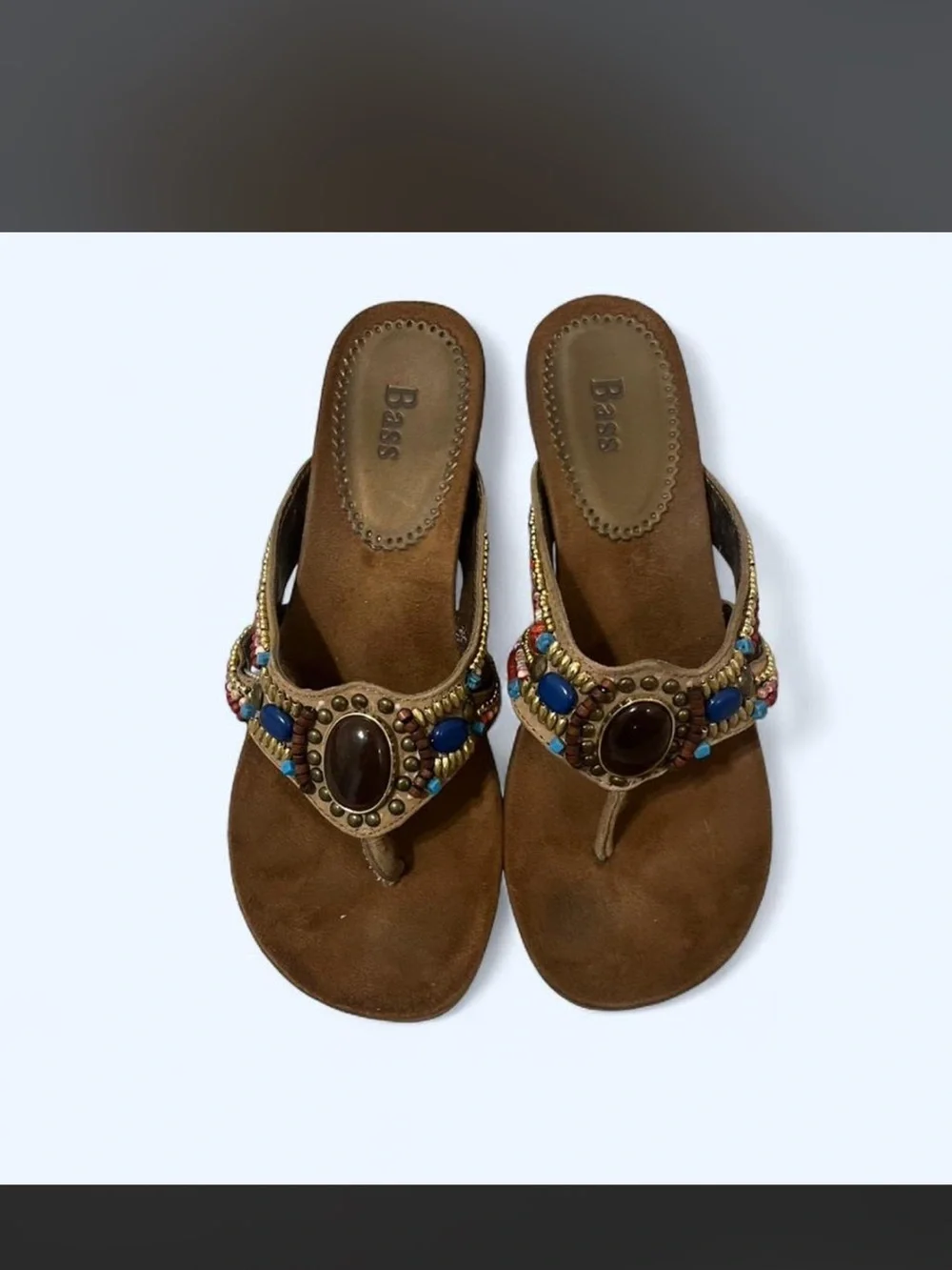 Bass Brown Beaded Suede Wedge Sandals